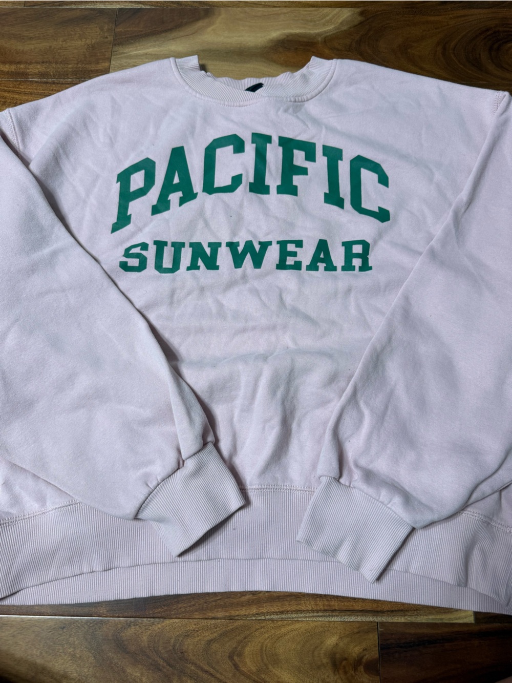 PacSun Light Pink Crewneck Sweater with Green 'PACIFIC SUNWEAR' Graphic